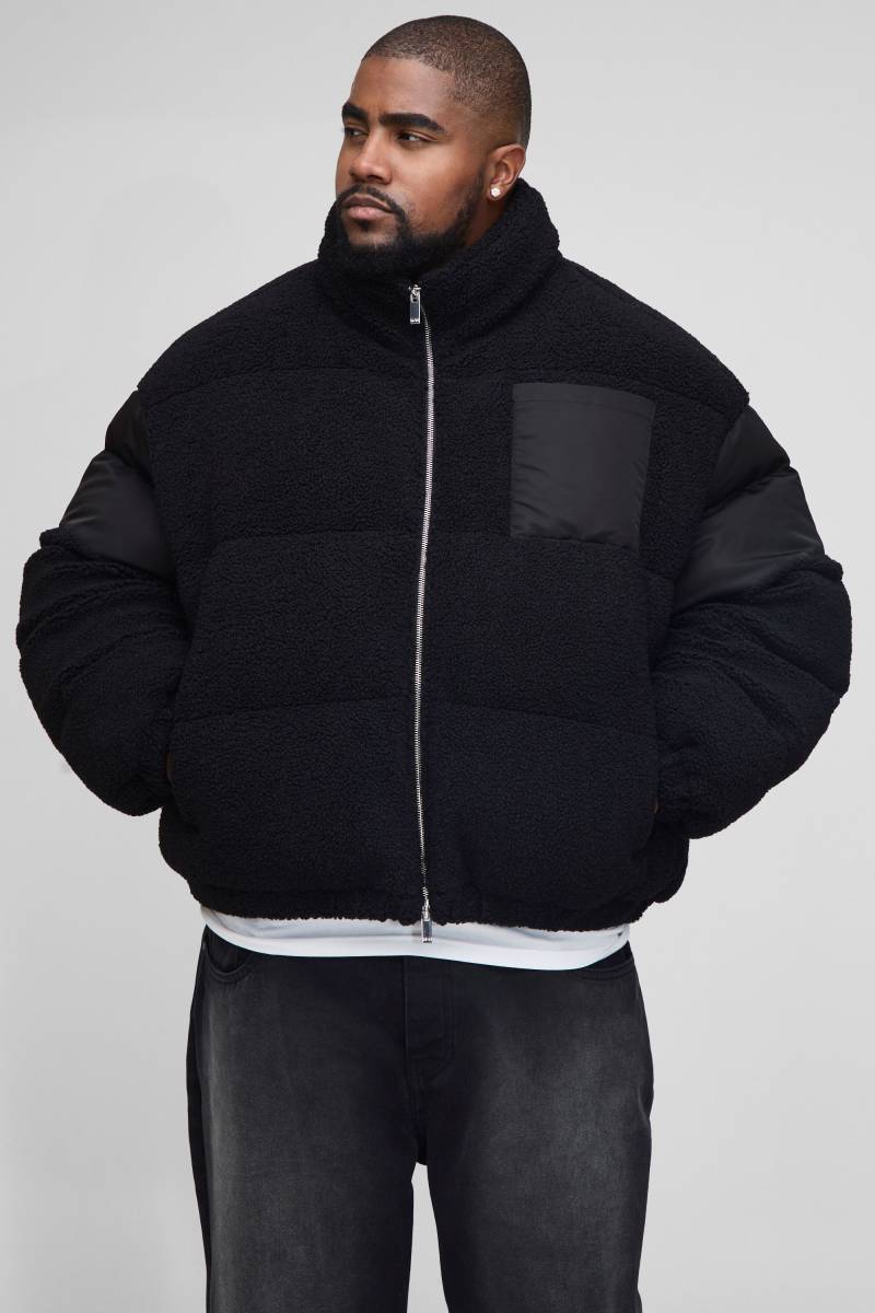 Plus Regular Fit Borg & Nylon Funnel Neck Puffer Jacket In Black - 5Xl, Black von boohoo