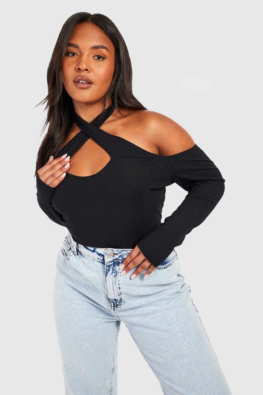 Plus Schulterfreies Geripptes Oberteil - Black - 44, Black von boohoo