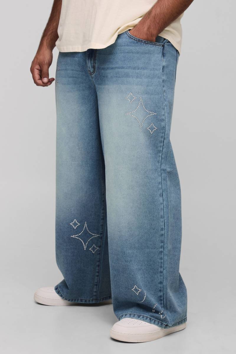 Plus Star Rhinestone Baggy Fit Jeans - Light Wash - 44, Light Wash von boohoo