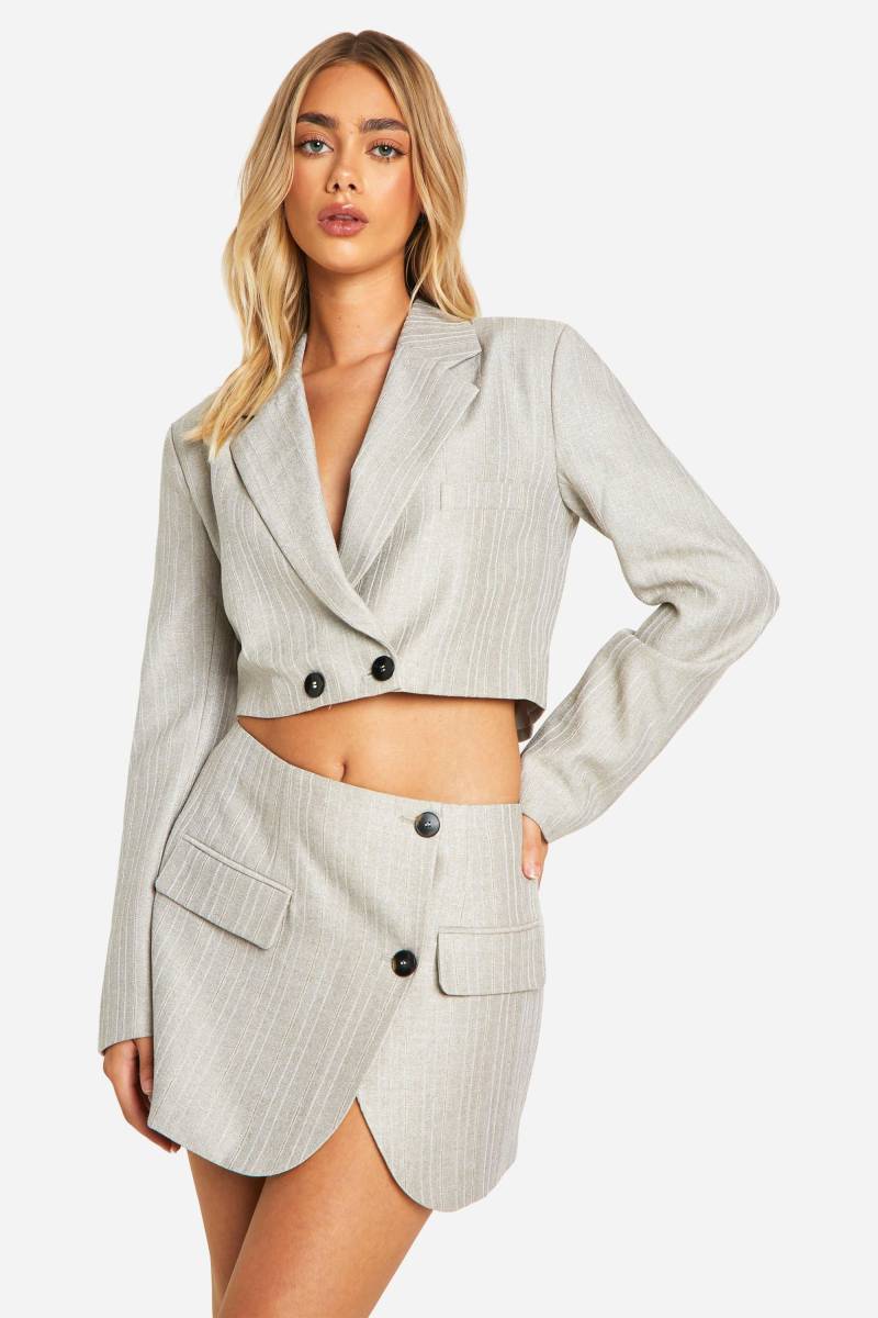 Premium Nadelstreifen Wickel Micro-Minirock - Stone - 38, Stone von boohoo