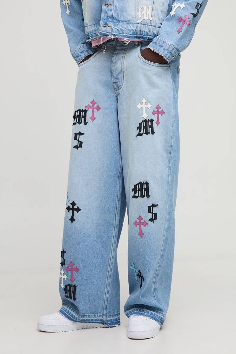 Pu Applique Baggy Jeans - Light Wash - 34R, Light Wash von boohoo