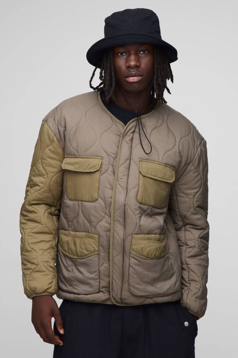 Regular Fit Collarless Quilted Ripstop Colour Block Liner Jacket - Olive - M, Olive Regular Fit Collarless Quilted Ripstop Colour Block Liner Jacket - Olive - M, Olive von boohoo