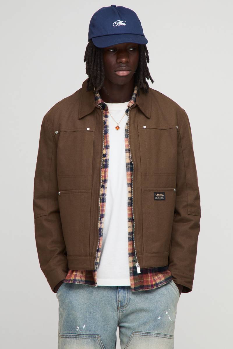 Regular Fit Contrast Collar Twill Worker Jacket - Chocolate - S, Chocolate von boohoo