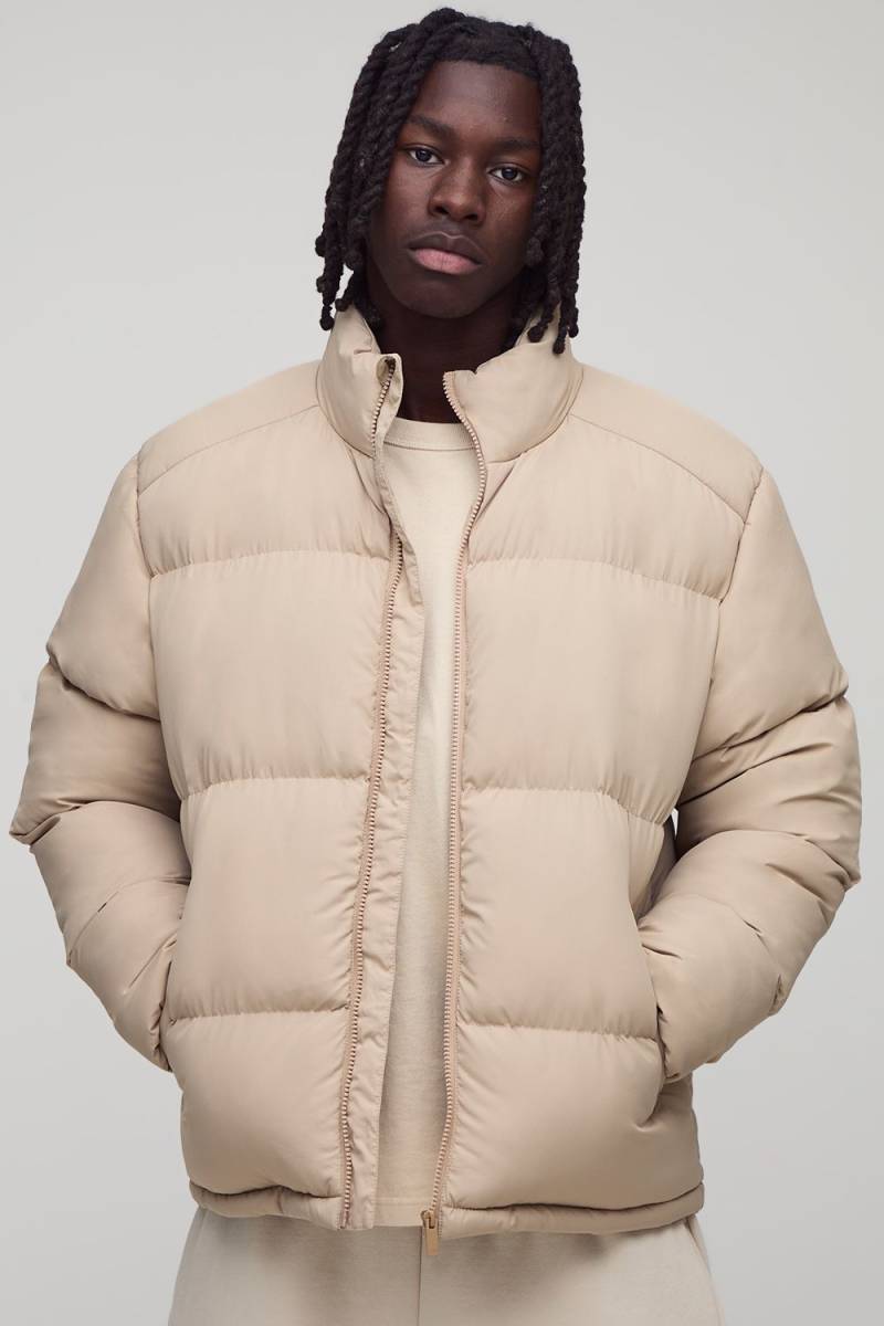Regular Fit Funnel Neck Puffer Jacket In Stone - M, Stone von boohoo