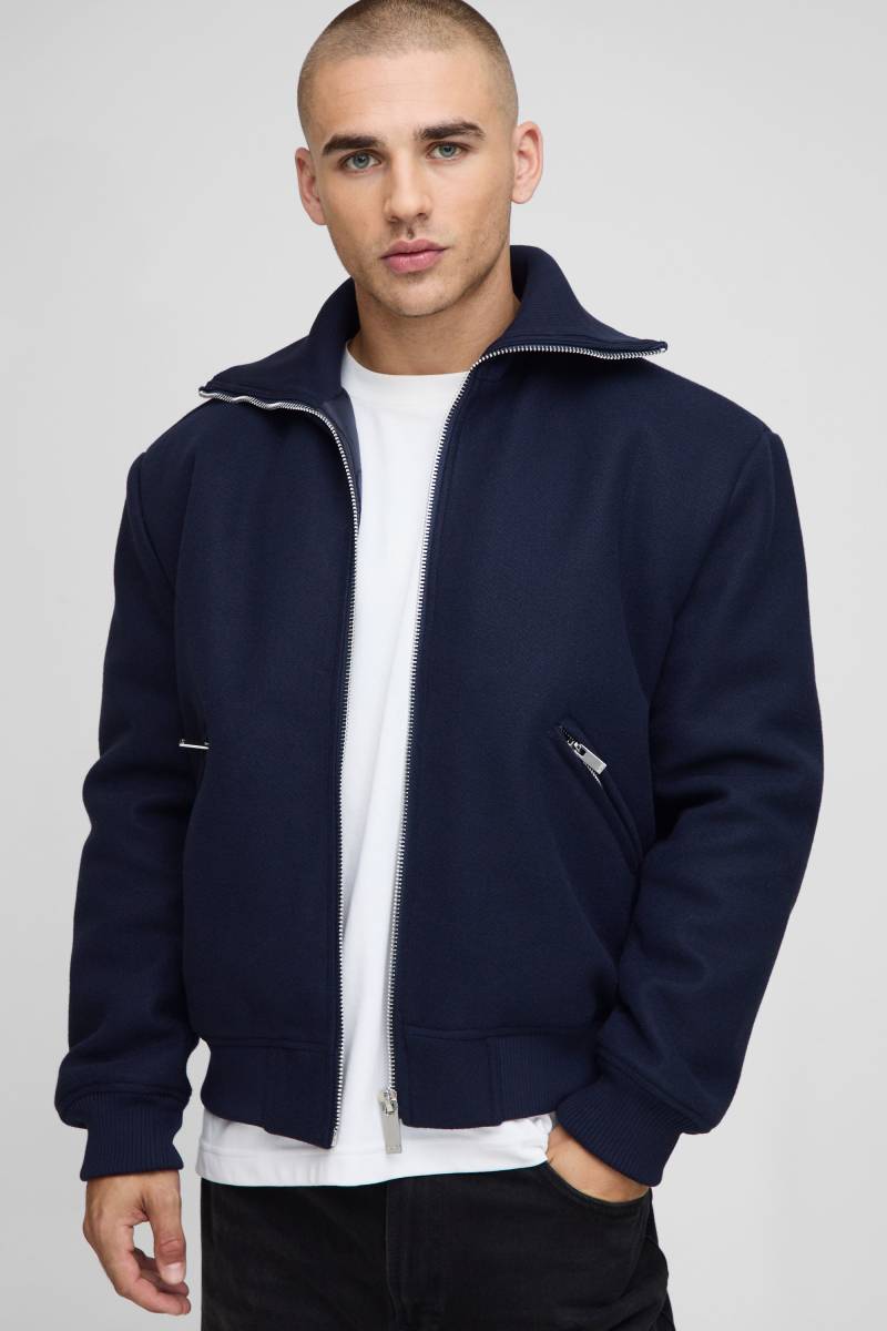 Regular Fit Knitted Collar Zip Up Wool Look Bomber Jacket - Navy - S, Navy von boohoo