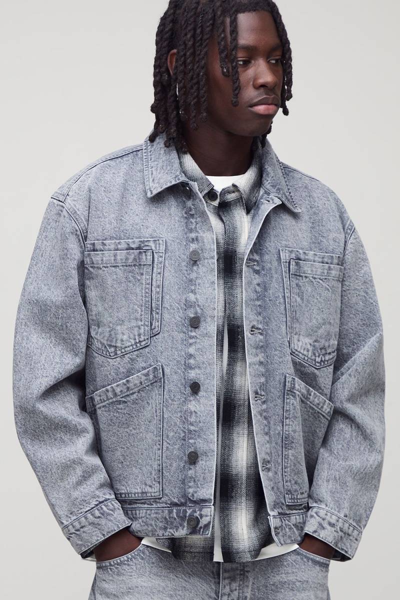 Regular Fit Multi Pocket Denim Harrington Jacket - Light Grey - M, Light Grey Regular Fit Multi Pocket Denim Harrington Jacket - Light Grey - M, Light Grey von boohoo