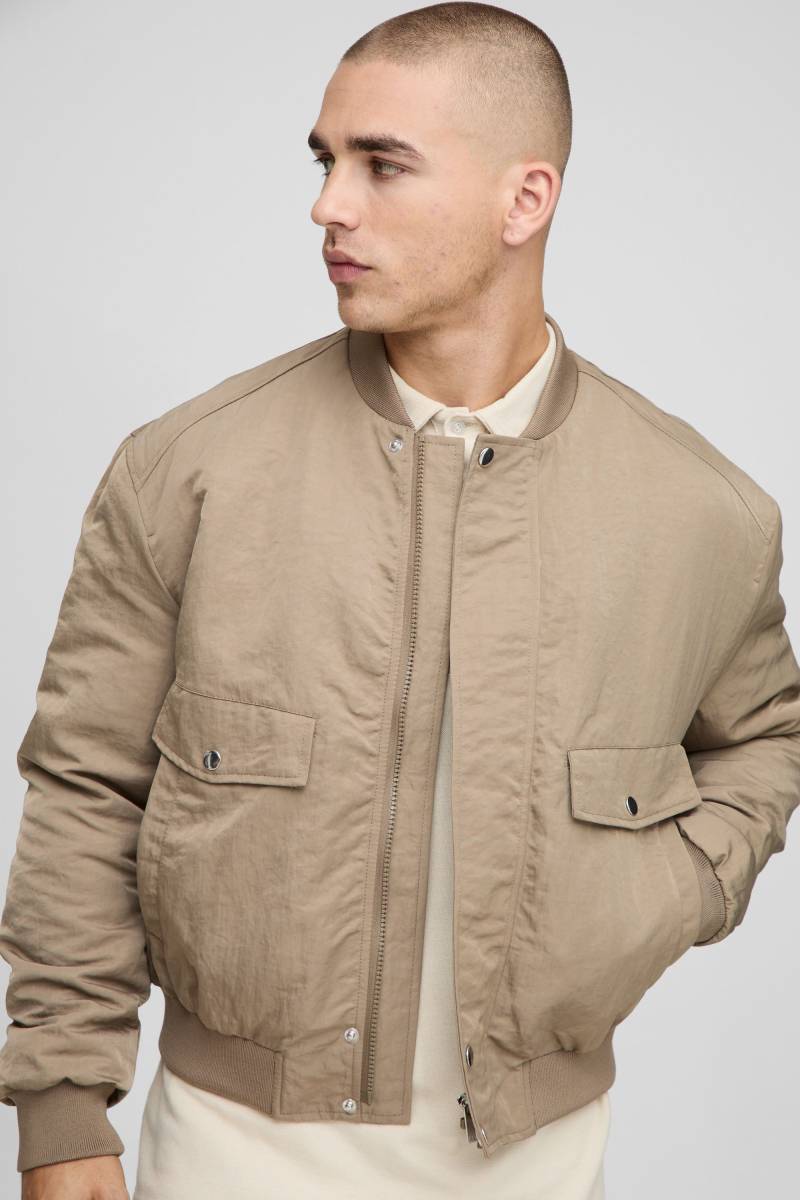 Regular Fit Peached Crinkle Nylon Bomber Jacket - Stone - L, Stone Regular Fit Peached Crinkle Nylon Bomber Jacket - Stone - L, Stone von boohoo