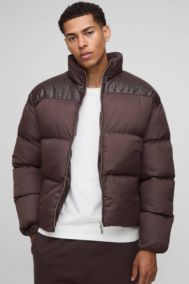 Regular Fit Pu Yoke Nylon Panel Puffer Jacket - Chocolate - M, Chocolate von boohoo