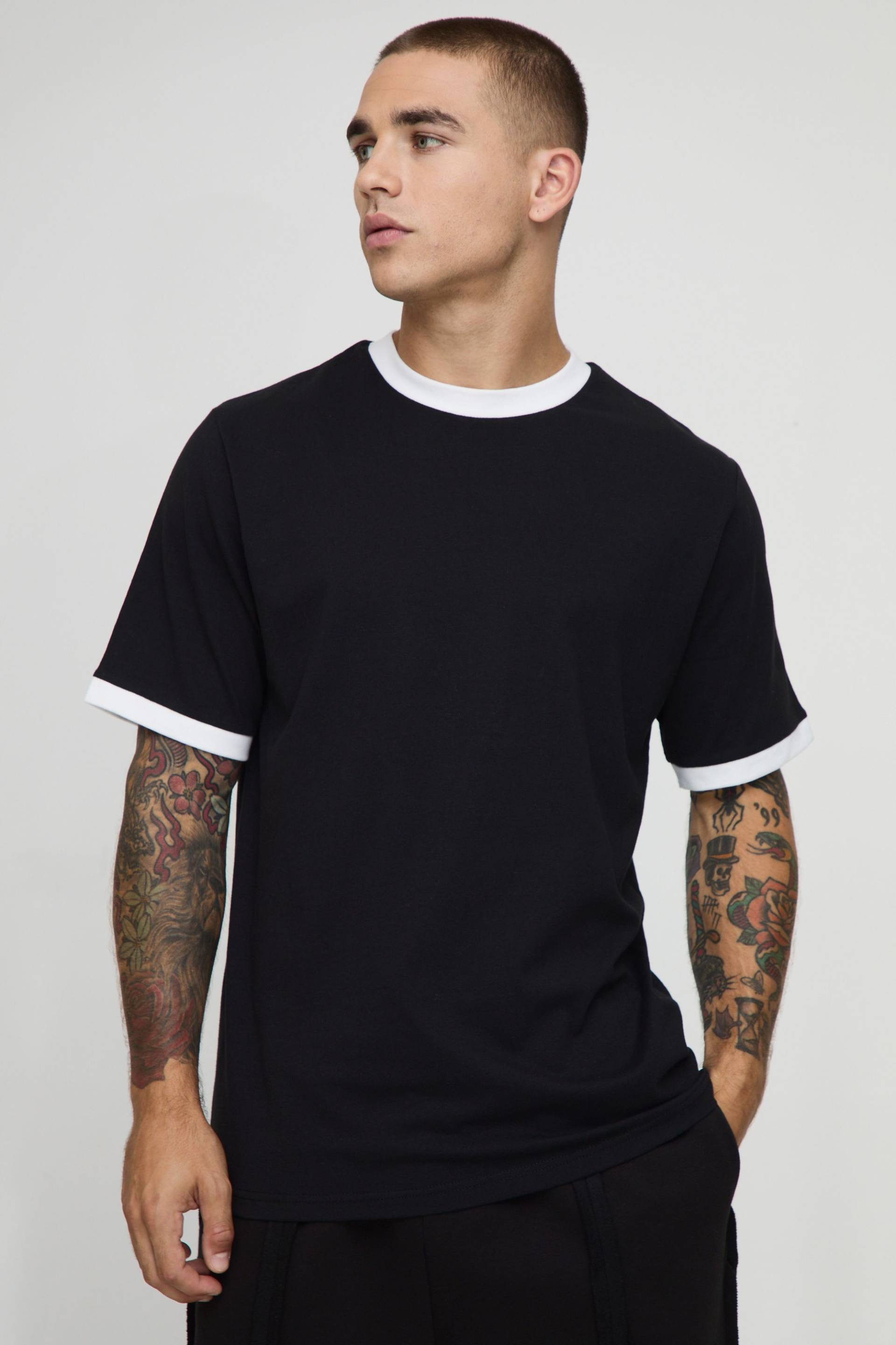 Regular Fit Ringer Crew Neck T-Shirt - Black - M, Black von boohoo