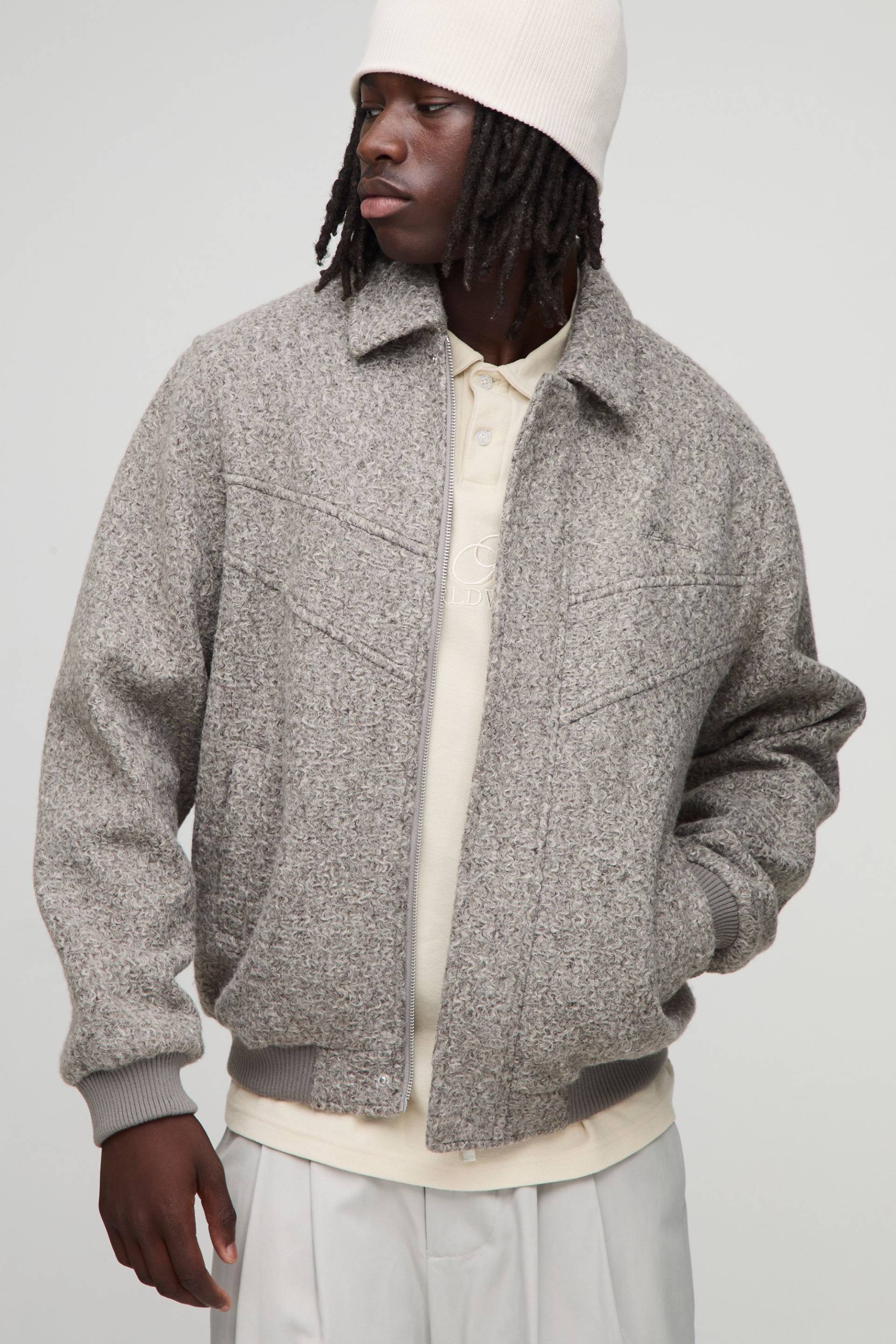 Regular Fit Seam Detail Melton Collared Bomber Jacket - Taupe - L, Taupe von boohoo