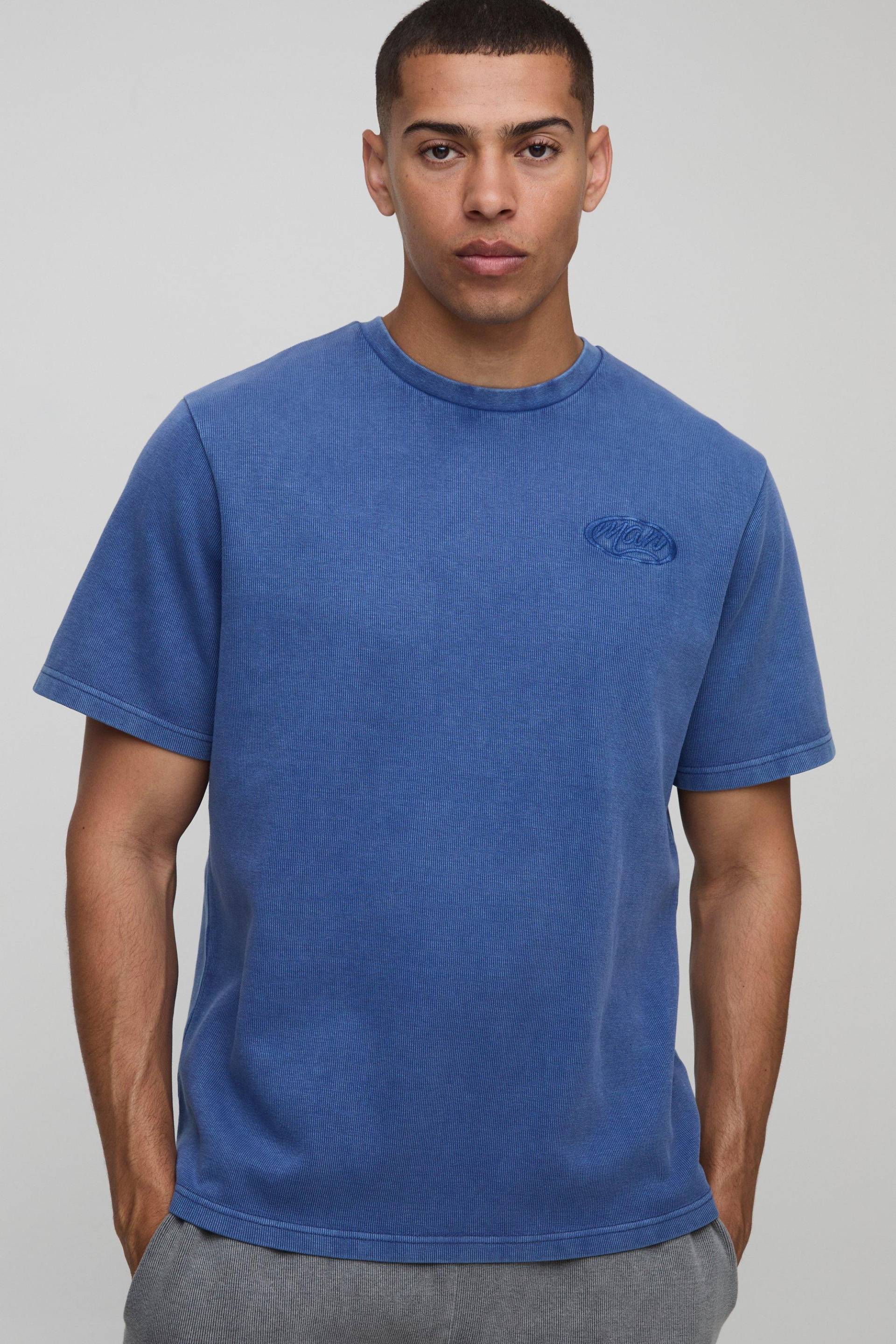 Regular Washed Rib Man Embroidered T-Shirt - Blue - S, Blue Regular Washed Rib Man Embroidered T-Shirt - Blue - S, Blue von boohoo