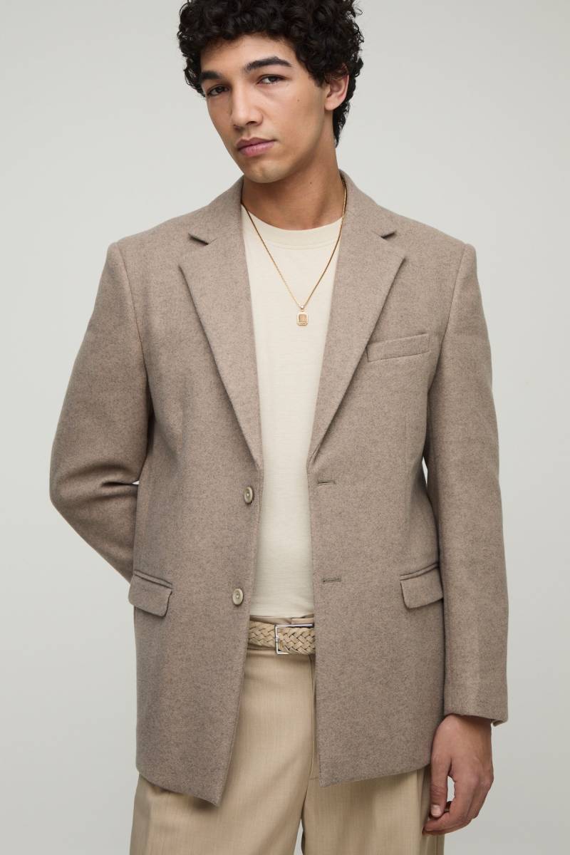 Relaxed Fit Melton Single Breasted Blazer - Stone - 40, Stone von boohoo