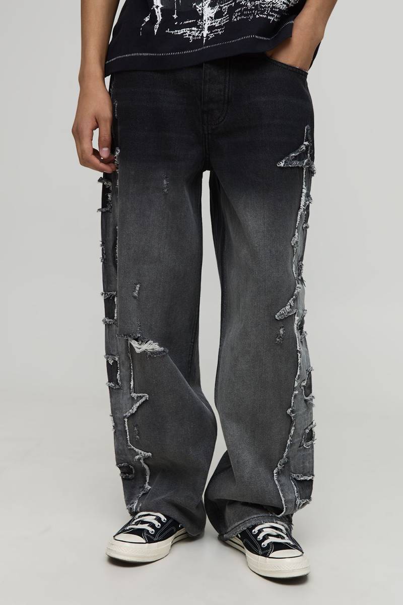 Relaxed Raw Edge Applique Denim Jeans - Charcoal - 36R, Charcoal Relaxed Raw Edge Applique Denim Jeans - Charcoal - 36R, Charcoal von boohoo