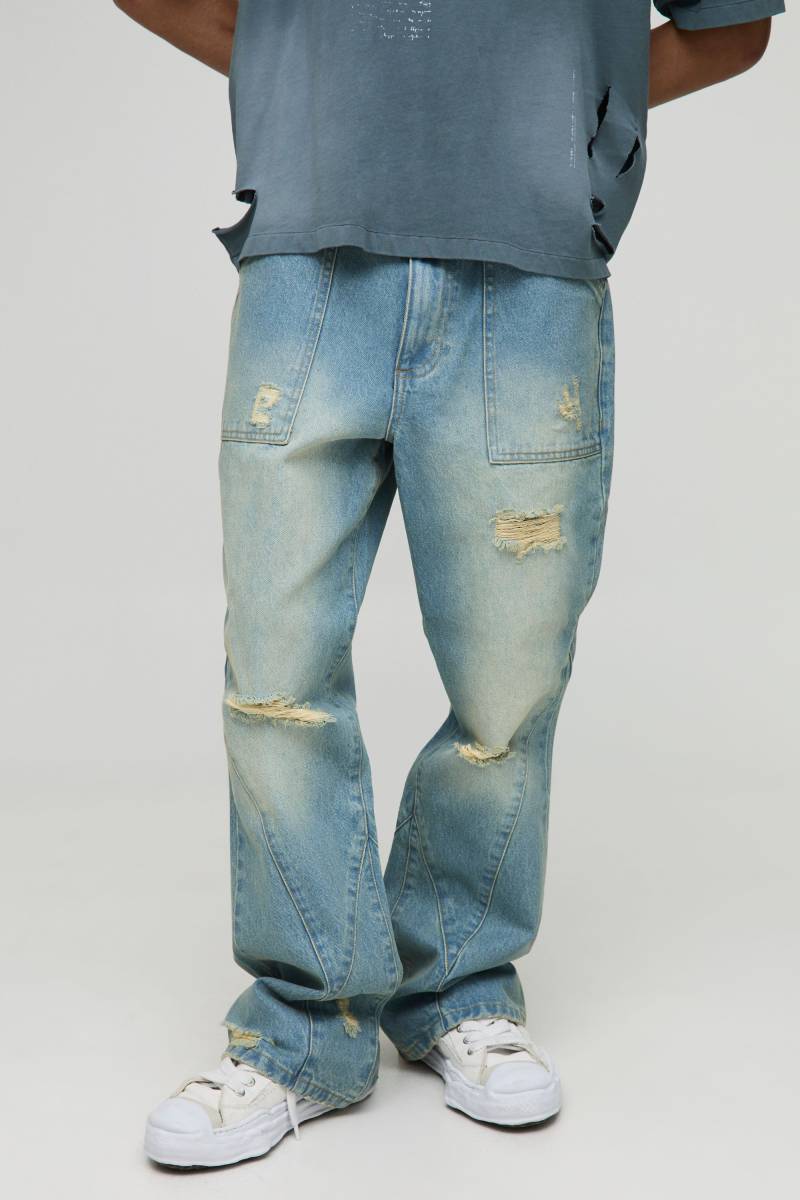 Relaxed Rigid Flared Blue Washed Ripped Panelled Jeans - Light Blue - 36R, Light Blue von boohoo