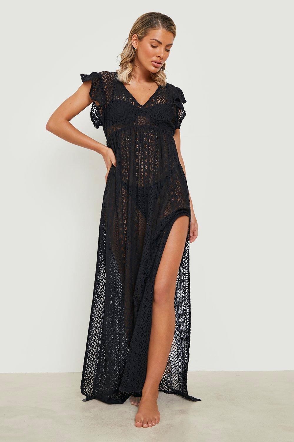 Rüschen-Strandkleid Aus Spitze Mit Tiefem Ausschnitt - Black - S, Black von boohoo