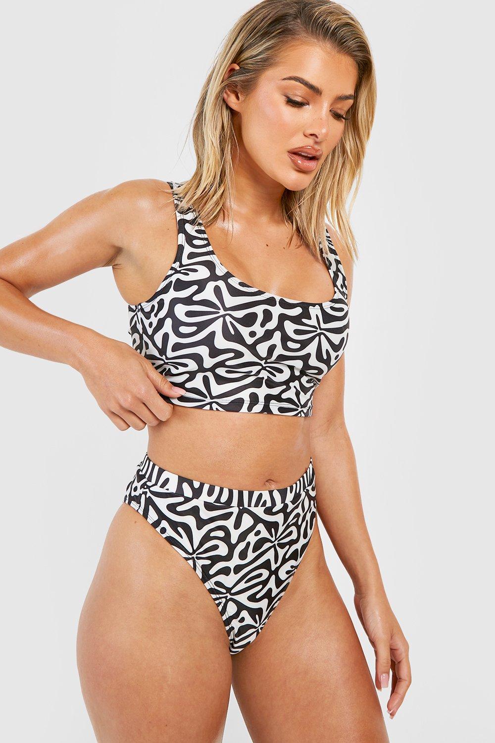 Rundhals-Bikinioberteil Mit Print - Black - 36, Black von boohoo