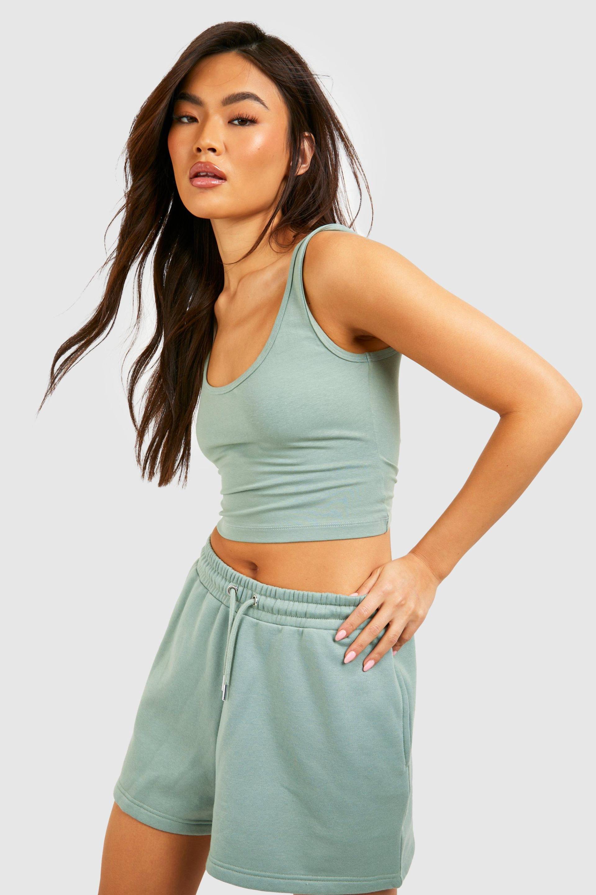 Rundhals Crop Top Und Sweat-Shorts - Sage - L, Sage von boohoo