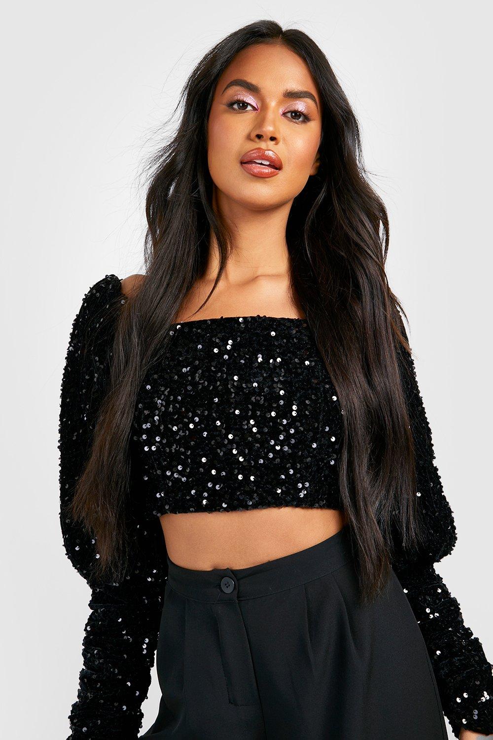 Samt Crop Top Mit Pailletten Und Weiten Ärmeln - Black - 34, Black von boohoo