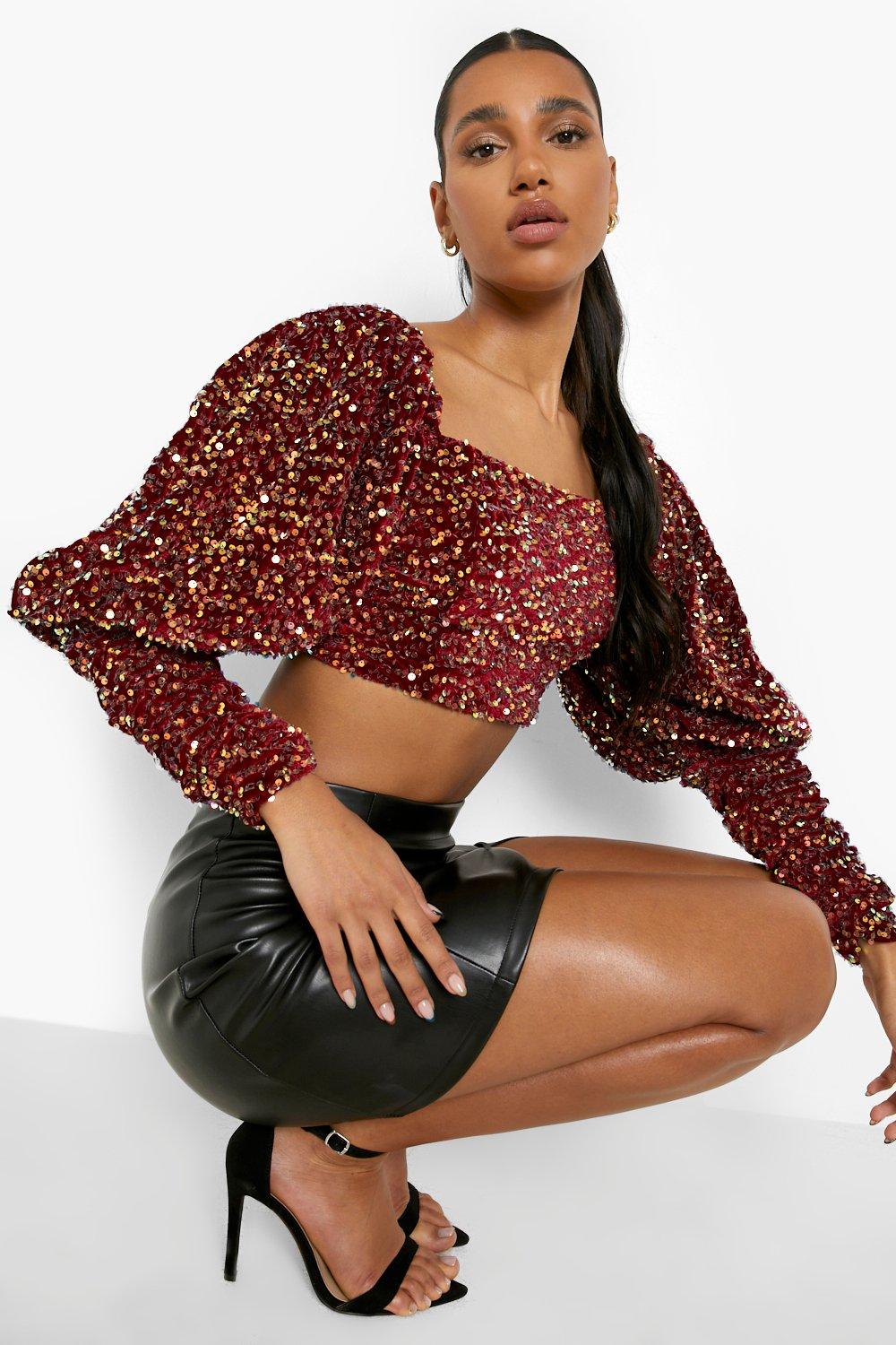 Samt Crop Top Mit Pailletten Und Weiten Ärmeln - Burgundy - 34, Burgundy von boohoo