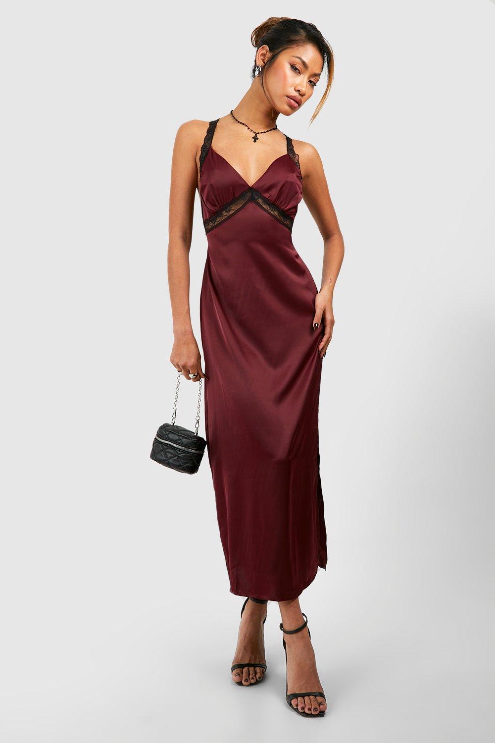 Satin Slip-Midikleid Mit Schlitz - Plum - 36, Plum von boohoo