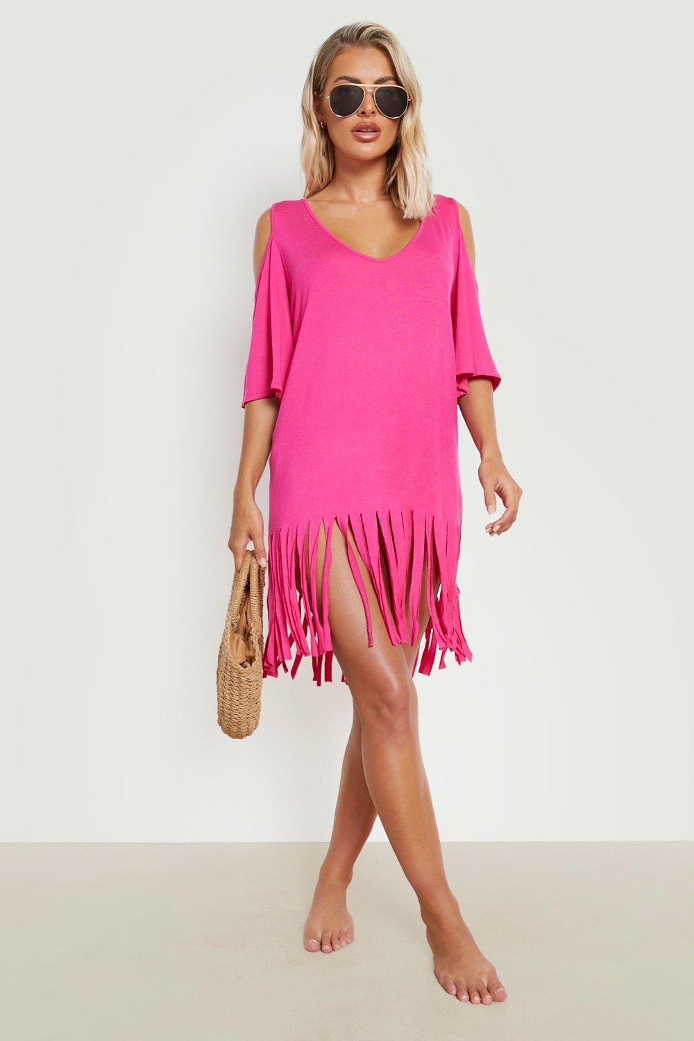 Schulterfreies Cut-Out Strandkleid Mit Quasten - Hot Pink - M, Hot Pink von boohoo