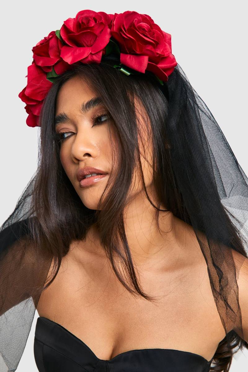 Schwarzer Halloween-Schleier Aus Spitze Mit Rosen-Detail - Black - One Size, Black von boohoo