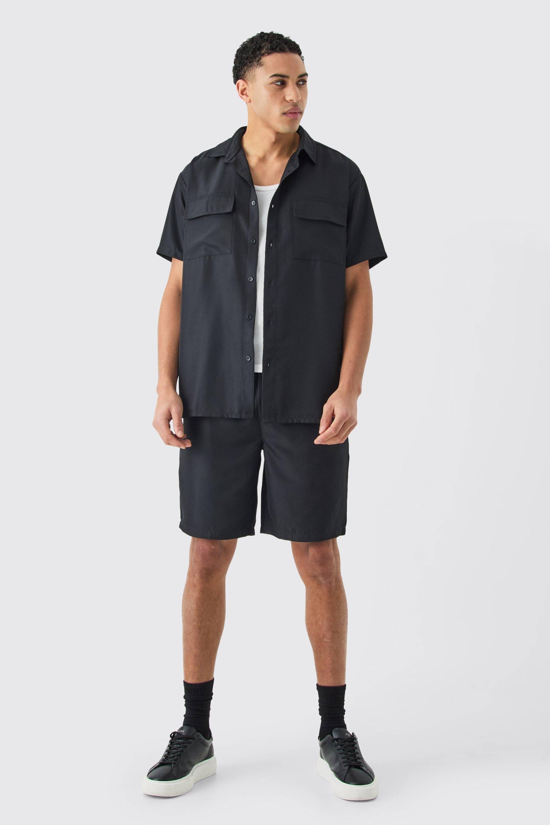 Kurzärmliges Twill Overshirt Und Shorts - Black - M, Black von boohoo