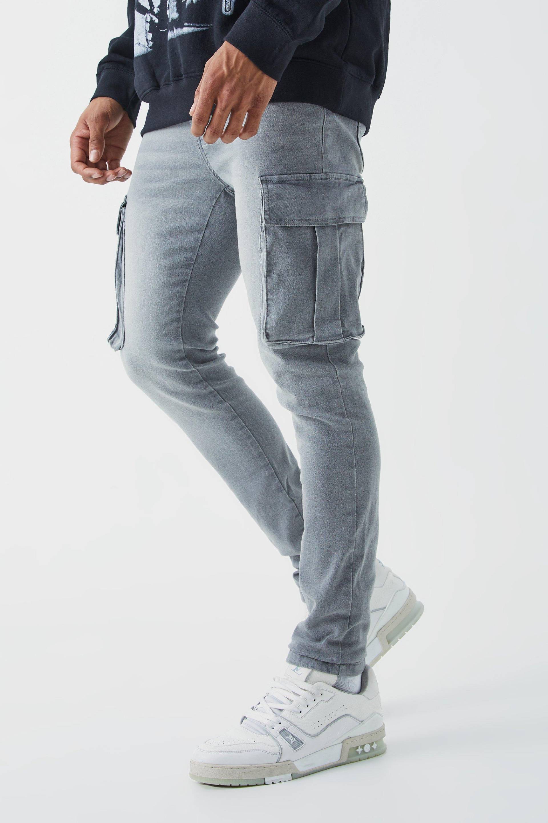 Skinny Stretch Cargo-Jeans - Mid Grey - 32R, Mid Grey von boohoo