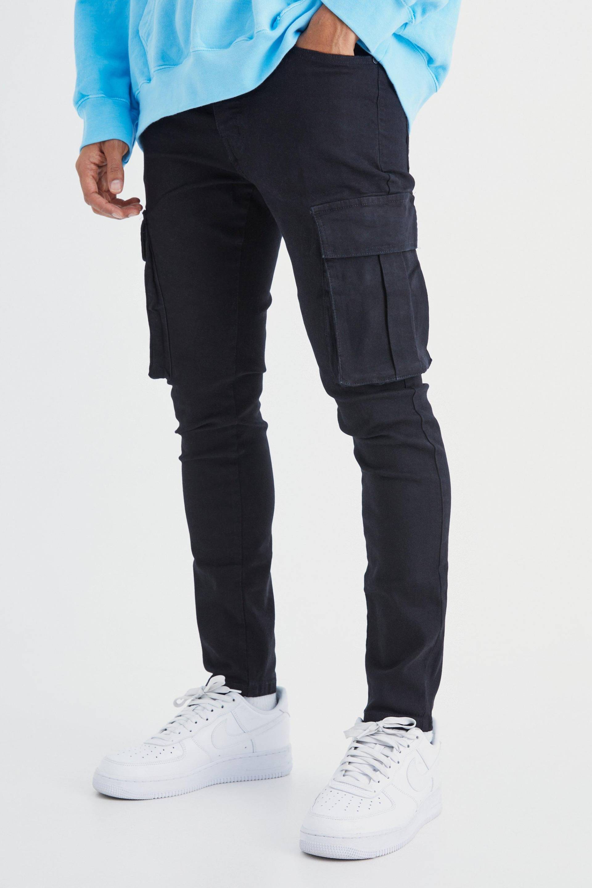 Skinny Stretch Cargo-Jeans - True Black - 30R, True Black von boohoo