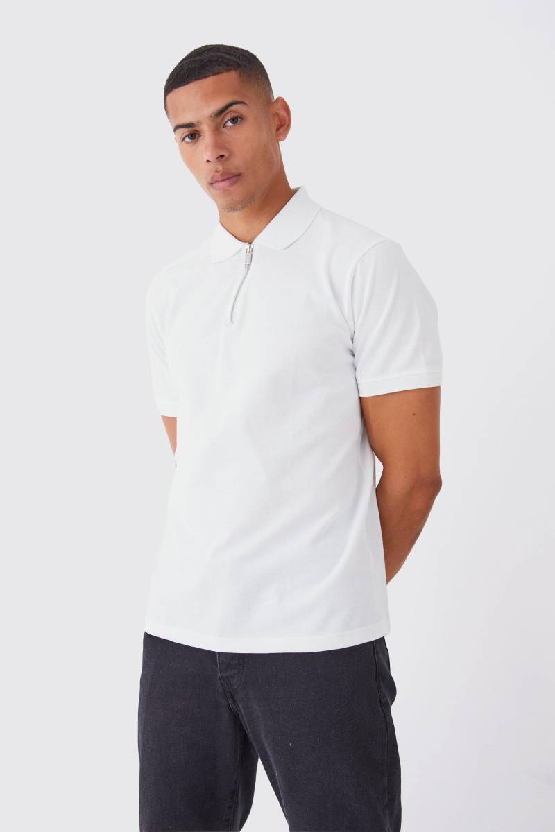 Slim-Fit Pique Poloshirt Mit 1/4 Reißverschluss - White - Xs, White von boohoo
