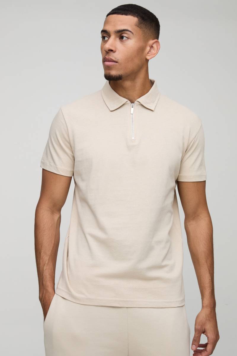 Slim-Fit Poloshirt Mit Reißverschluss - Stone - Xs, Stone von boohoo