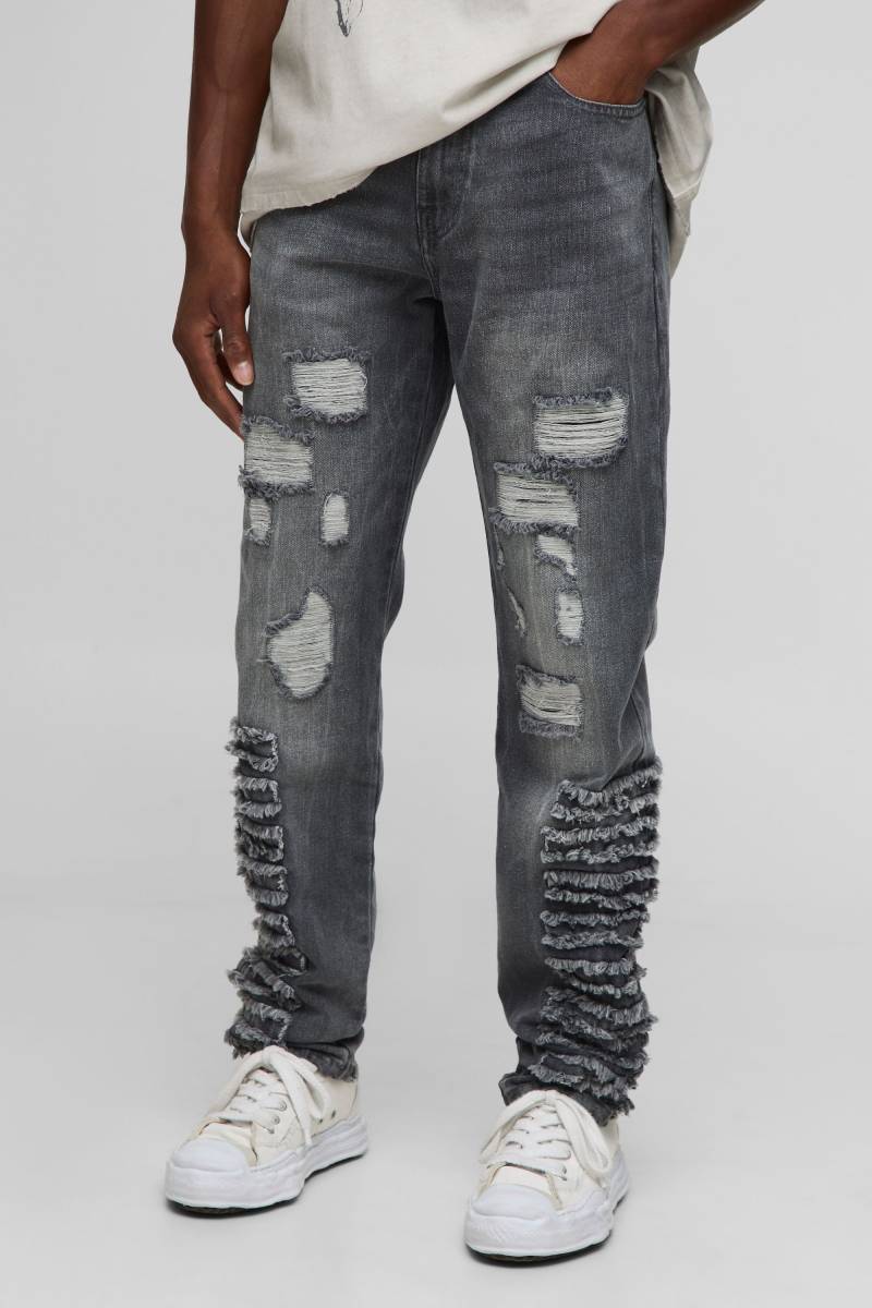 Slim Stacked Ripped Charcoal Washed Jeans - 34R, Charcoal Slim Stacked Ripped Charcoal Washed Jeans - 34R, Charcoal von boohoo