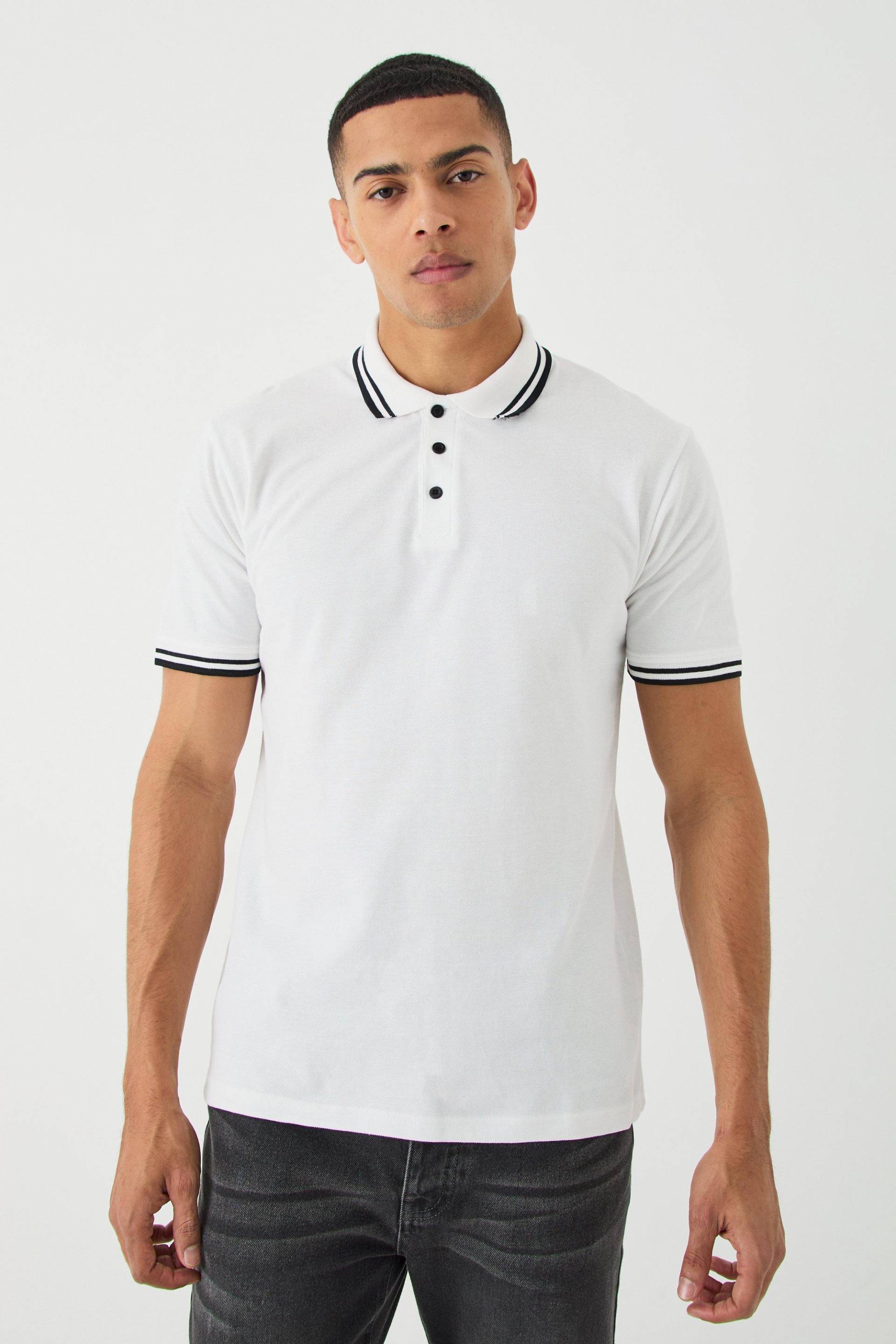 Slim-Fit Pique Poloshirt - White - M, White von boohoo