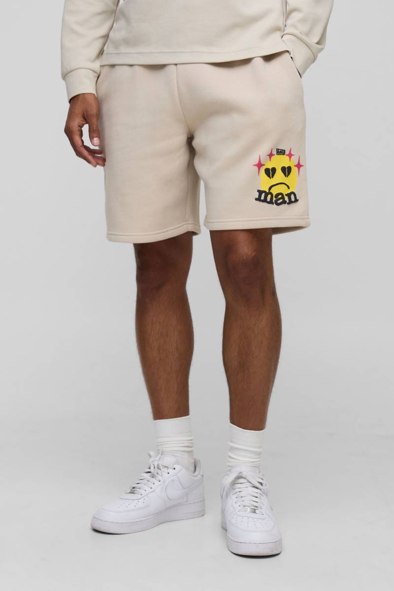 Stone Relaxed Mid Length Man Jersey Shorts - M, Stone von boohoo