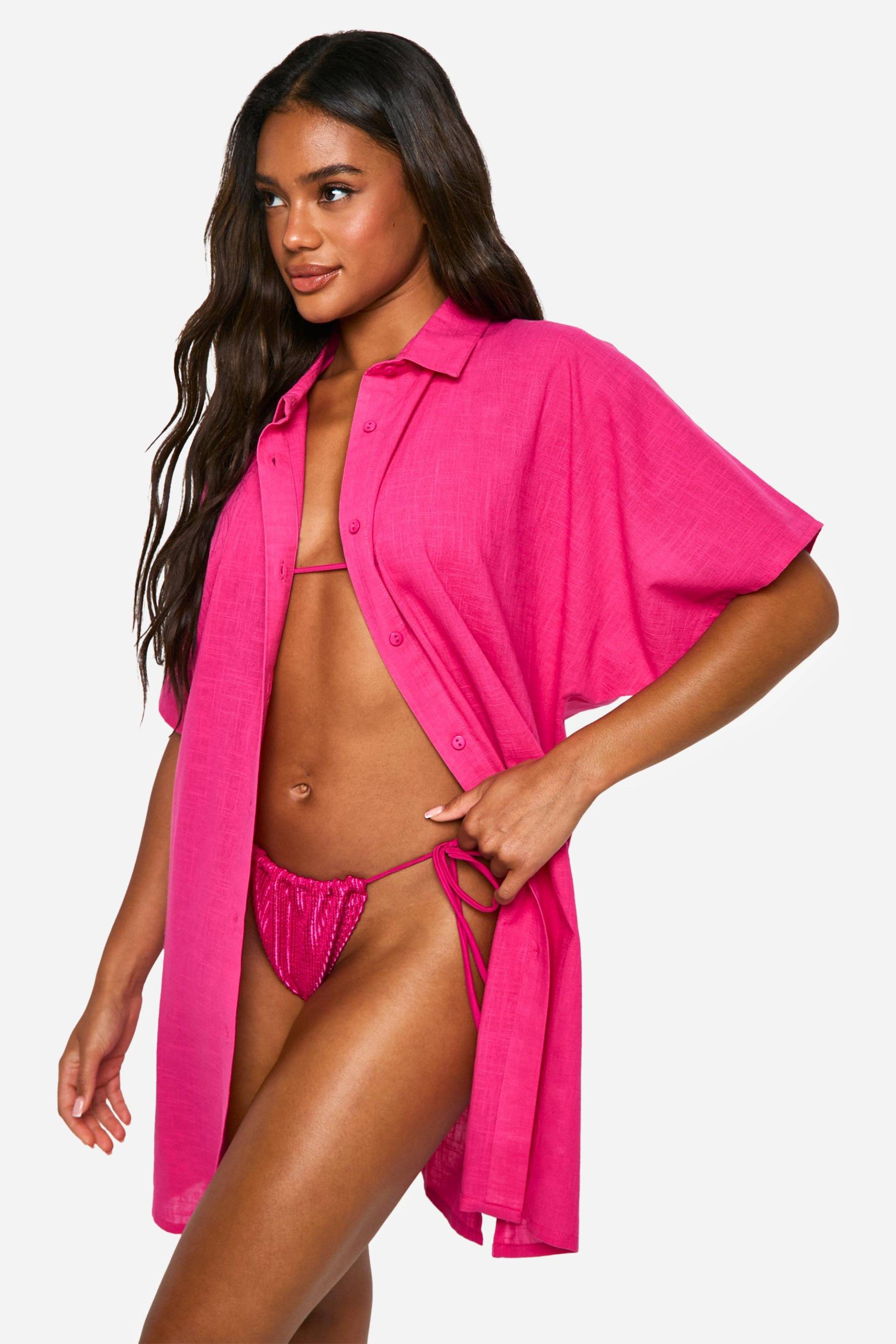 Strand Kaftan-Hemd Aus Leinen Mit Knopfleiste - Fuchsia - M, Fuchsia von boohoo