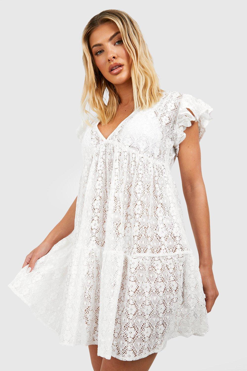 Strand-Minikleid Aus Spitze Und Rüschen Mit Tiefem Ausschnitt - White - M, White von boohoo