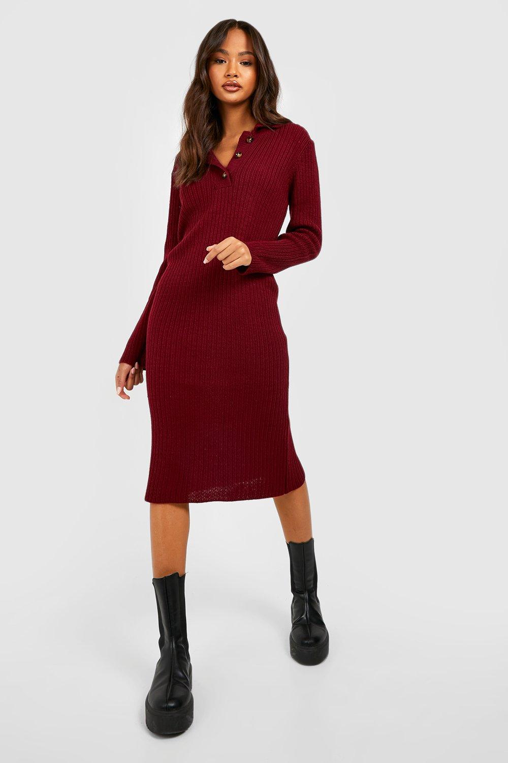 Strick-Maxikleid Mit Kragen - Berry - M, Berry von boohoo