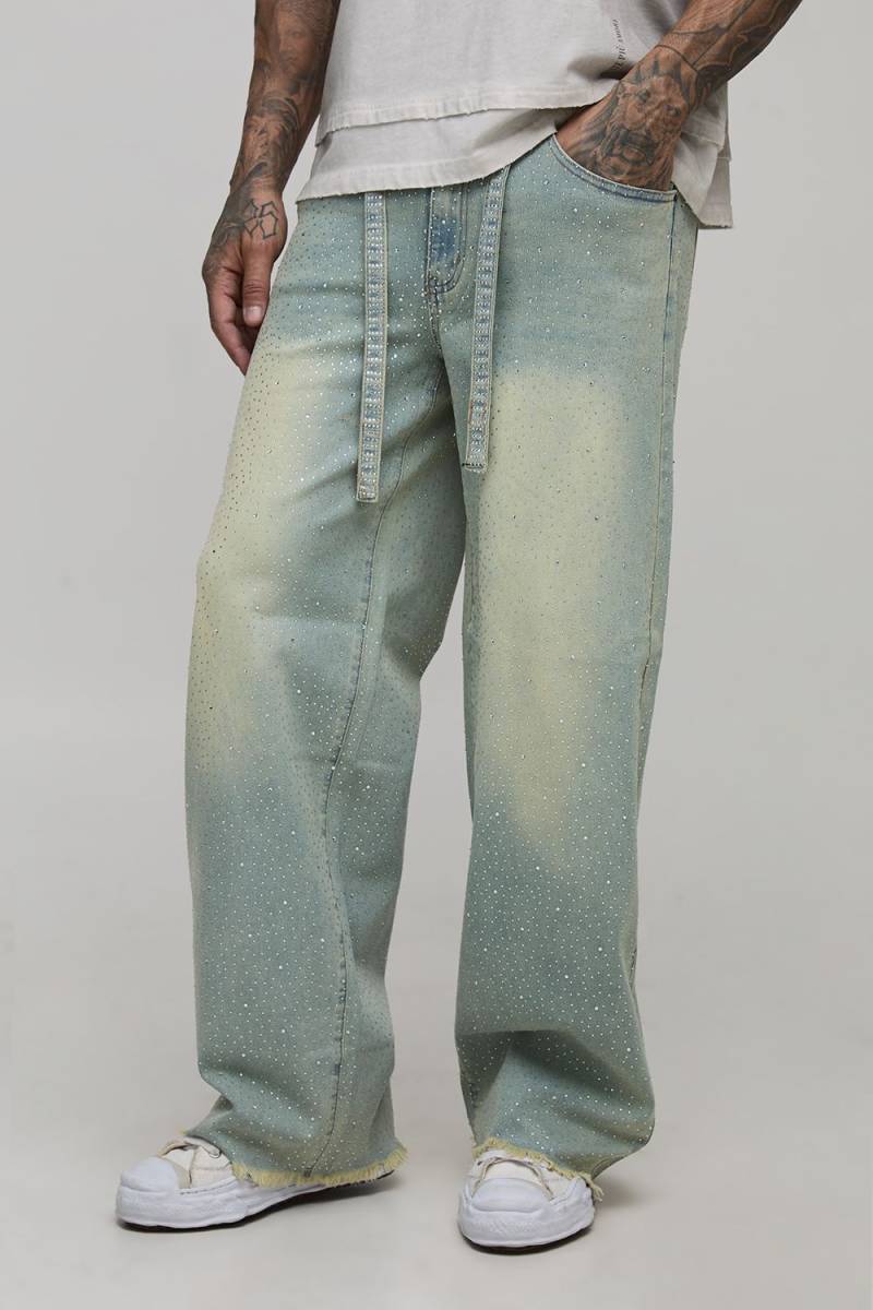 Tall Belted All Over Rhinestone Baggy Fit Jeans - Vintage Wash - 34, Vintage Wash von boohoo