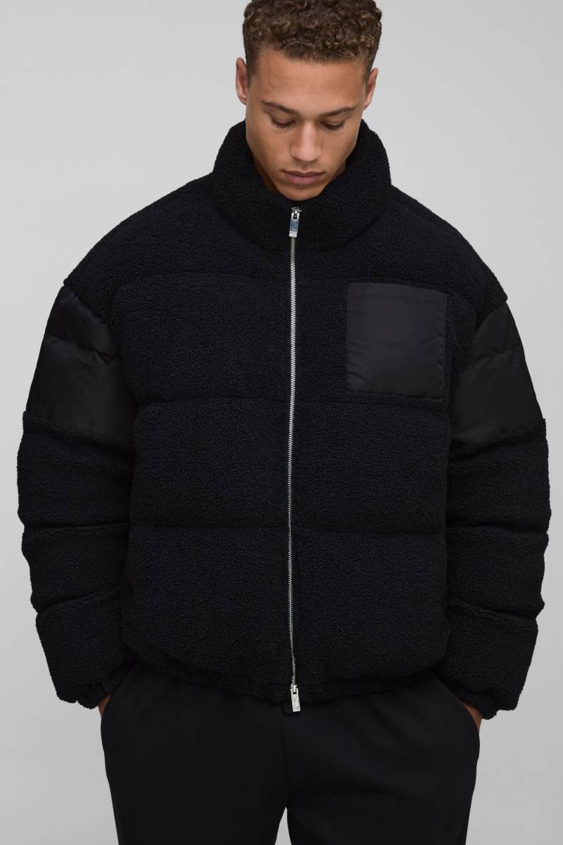 Tall Borg & Nylon Funnel Neck Puffer Jacket In Black - L, Black von boohoo