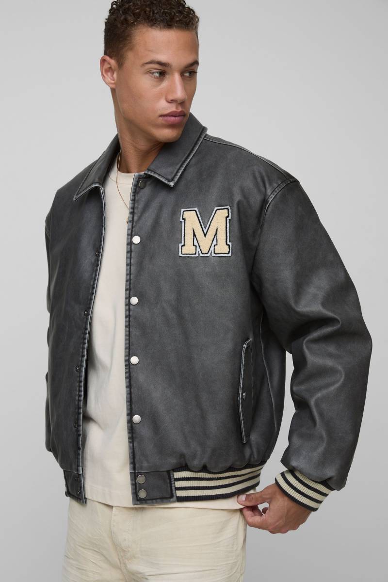 Tall Boxy Washed Pu Varsity Jacket In Grey - L, Grey Tall Boxy Washed Pu Varsity Jacket In Grey - L, Grey von boohoo