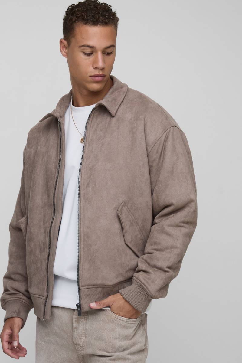 Tall Kastige Oversize Harrington-Jacke Aus Wildleder-Imitat - Taupe - M, Taupe von boohoo