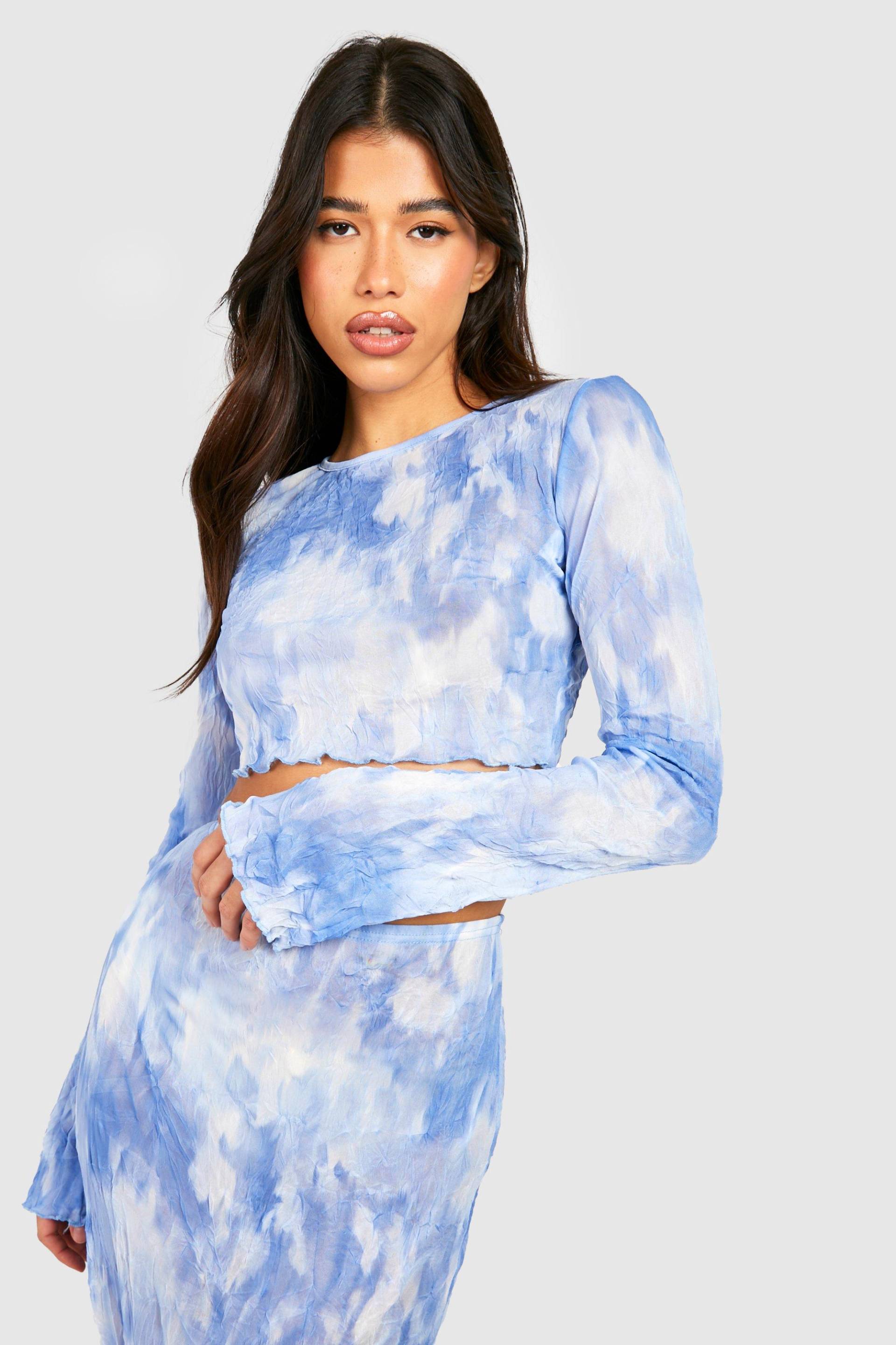 Tall Langärmliges Mesh-Crop Top In Knitteroptik Mit Marmor-Print - Blue - 36, Blue von boohoo