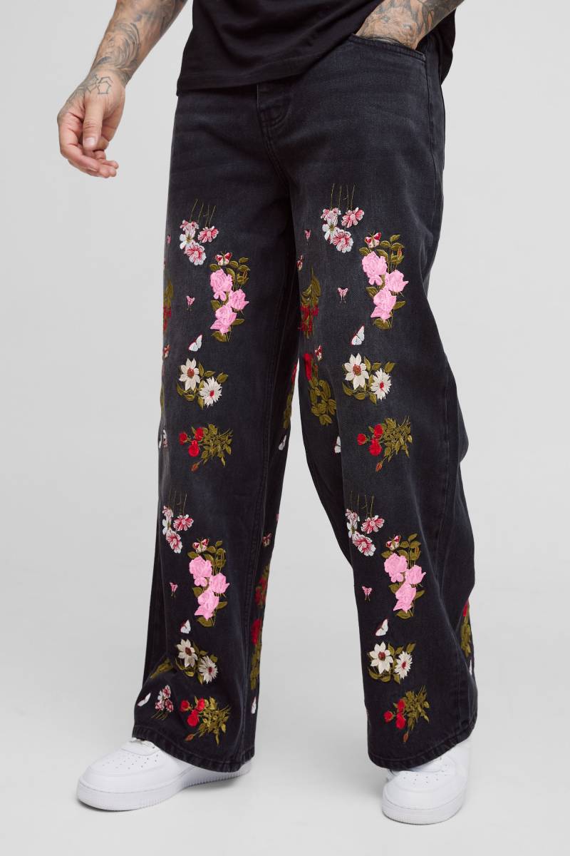 Tall Lockere Jeans Mit Blumen-Stickerei - Washed Black - 40, Washed Black von boohoo