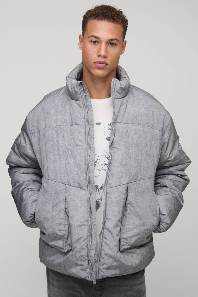 Tall Oversized Fit Washed Nylon Padded Funnel Neck Puffer Jacket - Grey - M, Grey von boohoo
