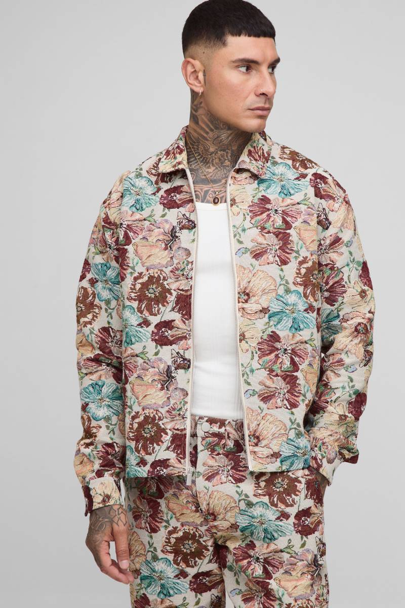 Tall Oversized Floral Tapestry Zip Up Overshirt - Multi - L, Multi von boohoo