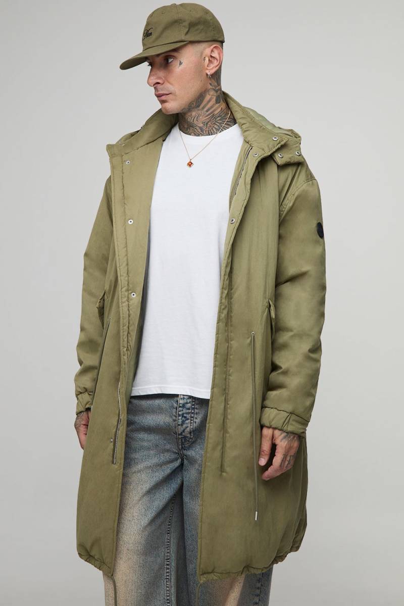 Tall Regular Fit Peached Nylon Funnel Neck Mid Length Parka Jacket - Khaki - M, Khaki von boohoo