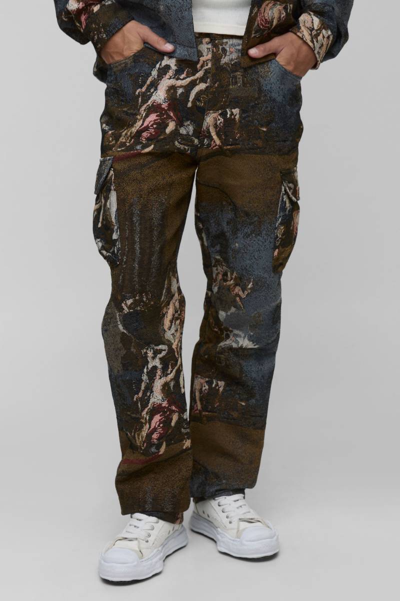 Tall Renaissance Tapestry Stacked Straight Fit Cargo Trousers - Multi - 32, Multi von boohoo