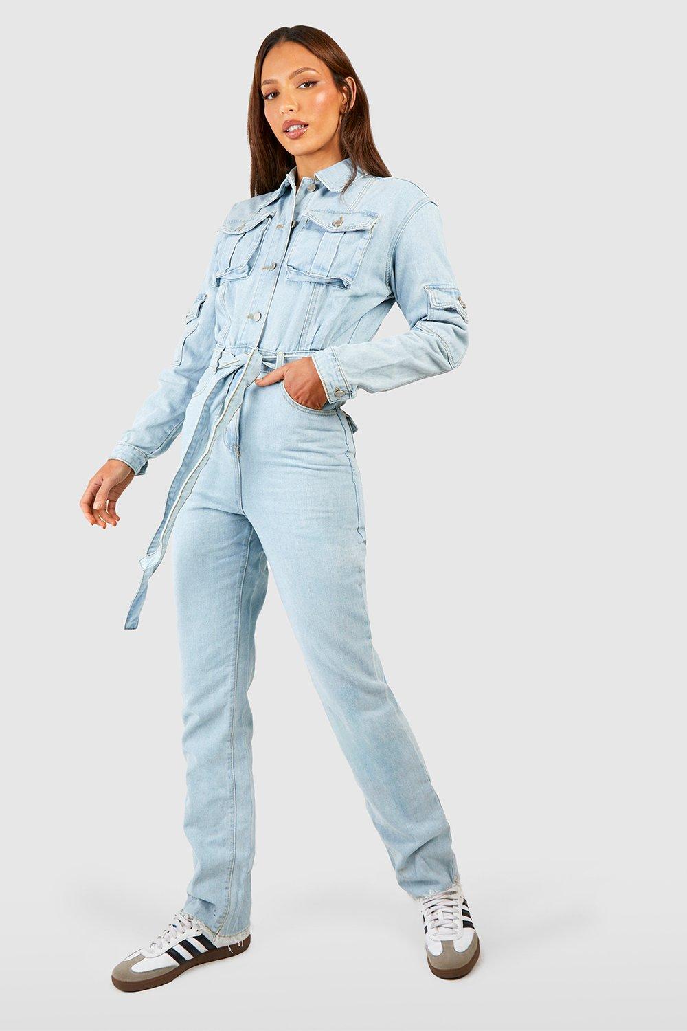 Tall Schmaler Cargo Denim-Boilersuit Mit Gürtel - Acid Wash Light Blue - 40, Acid Wash Light Blue von boohoo