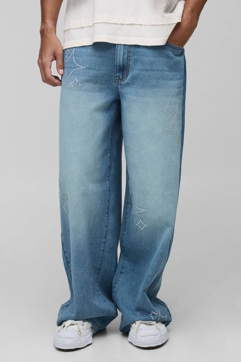 Tall Star Rhinestone Baggy Fit Jeans - Light Wash - 34, Light Wash von boohoo