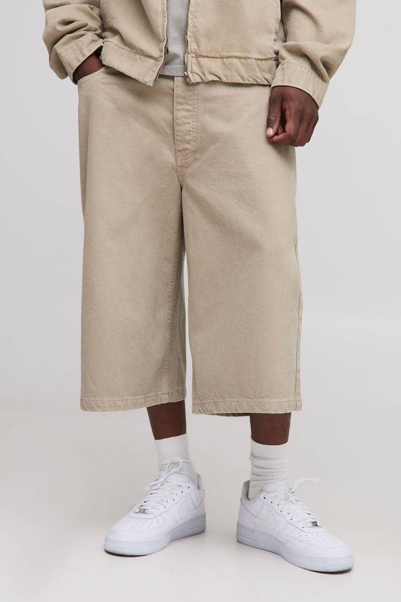 Tall Washed Relaxed Fit Longline Jorts - Washed Khaki - 34, Washed Khaki von boohoo